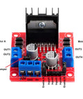 Beefy Dual H-Bridge Motor Drive Controller Board for Arduino ESP32 ESP8266, showing connectors and built-in 78M05 regulator.