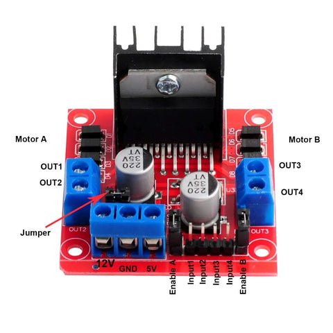 Beefy Dual H-Bridge Motor Drive Controller Board for Arduino ESP32 ESP8266, showing connectors and built-in 78M05 regulator.