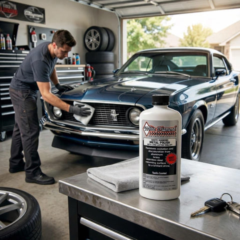 Bottle of Metal Polish With Long Lasting Sealant Cleaner Polisher Protectant All In One For Aluminum Brass Chrome And More on workbench