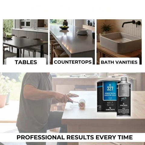 Pro Grade Water Based Concrete Countertop Sealer Kit Food Safe Formula applied to a countertop with a roller.