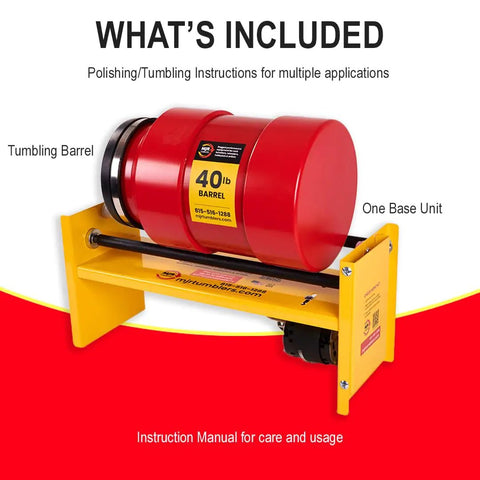 40Lb Rock Tumbler Machine for Pros Heavy Duty Pro Grade Polisher with Commercial Stone Polishing Kit, shown with red barrel and base