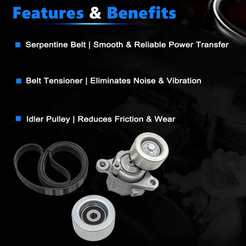 Engine Serpentine Drive Belt Kit Fit 2018 To 2024 Toyota Sienna Lexus RX350 Avalon ES350 3 5L V6 Replace 90K39424A Premium Heavy Duty Drive Belt Compatible With OEM Specs Ensures Smooth Alternator Action And AC Performance Runs Like a Dream. belt, tensioner and idler pulley shown