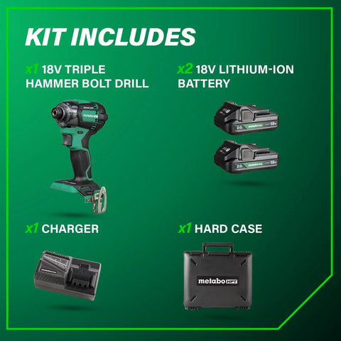18V MultiVolt Triple Hammer Impact Driver Kit With Case, 2 Lithium Batteries And Charger, 1/4-Inch Chuck, shown with case