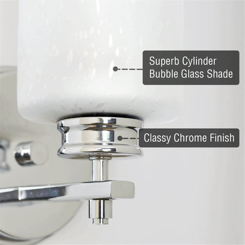 Close-up of Kira Home Phoebe 8" Modern Industrial Wall Sconce for Bathroom Vanity showcasing superb cylinder bubble glass shade and classy chrome finish.