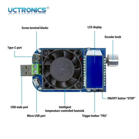 Dope USB Load Tester With Adjustable 35W Discharge Module For Quick Charge QC2.0 QC3.0 AFC FCP Testing, front view with fan and LCD