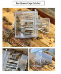Bee Queen Cage Catcher Clips 12 Pack Transparent Plastic Beekeeping Kit on a wooden beehive with bees inside