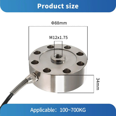 Pro Grade Load Cell Sensor Kit With Signal Transmitter Amplifier 0-200kg Capacity For Tension And Compression Testing Includes Display And Heavy Duty Industrial Weighing For Lab Or Shop. stainless steel load cell, Φ88mm, M12x1.75, 34mm