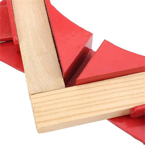 Close-up of 4 Pack Right Angle Clamps for 90 Degree Corners gripping wooden pieces for precise woodworking assembly.