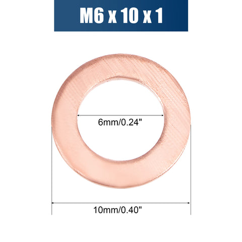 Copper Flat Washer Sealing Ring M6 x 10mm x 1mm, 50 Pcs shown with dimensions