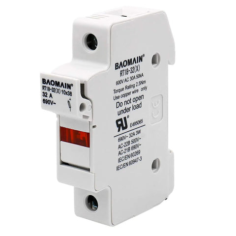 5 Pack RT18 32 X 1P DIN Rail Fuse Holder 32A 690V AC with LED Indicator, white plastic, side view showing specifications.