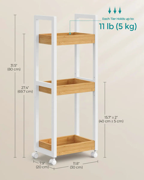 Ultra Slim Bamboo Rolling Cart With Three Adjustable Shelves Super Handy For Tiny Bathrooms And Narrow Passages Cool Spot For Showing Potted Greenery Or Stashing Shower Supplies Smooth Gliding Base With Locked Wheels Manages Serious Weight Without A Sweat