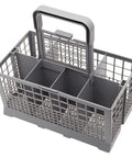 Universal Dishwasher Cutlery Basket For Utensils Fits Most Brands Like GE Whirlpool Samsung Bosch Maytag KitchenAid Kenmore No Fuss Easy To Load Durable Plastic 9.5In Long 5.4In Wide 4.8In High showing removable handle and compartments