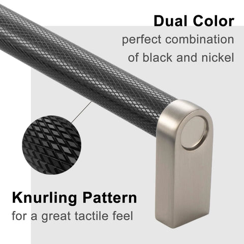 10 Pack 5 Inch Knurled Black And Nickel Cabinet Pulls Matte Black And Brushed Nickel Cabinet Handles detail showing black knurled bar and nickel end