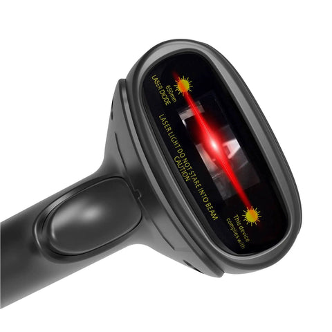 Close-up of USB Laser Barcode Scanner Wired Handheld 1D Barcode Scanner Reader Black With 150 Scans Per Second LED Indicator