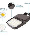 Close-up of 2 Pack 150W LED Parking Lot Light With Dusk To Dawn Photocell, die-cast aluminum, trunnion mount, 5000K daylight lens.