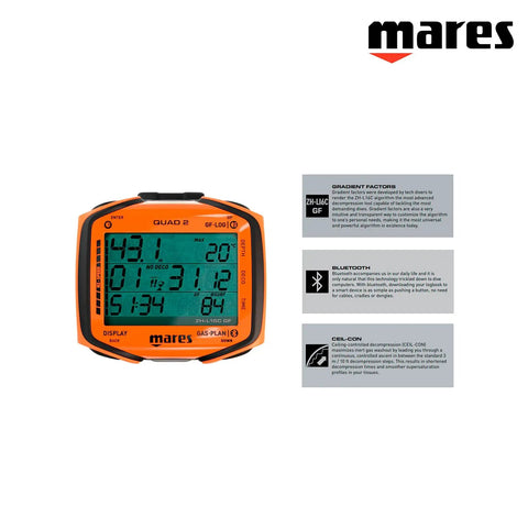 Quad 2 Smart Wrist Dive Computer With Buhlmann ZH L16C Algorithm, displaying depth and time data, orange color.