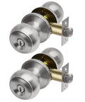 Two Pack Entry Door Knob Set With Keyed Different Locks In Solid Stainless Steel Round Ball Handle For Exterior And Interior Doors Built Tough With Anti Bump Five Pin Cylinder And Six Keys