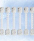 Six Pack Safety Locks For Cabinets And Refrigerator with adjustable length and strong adhesive tape, made of ABS plastic