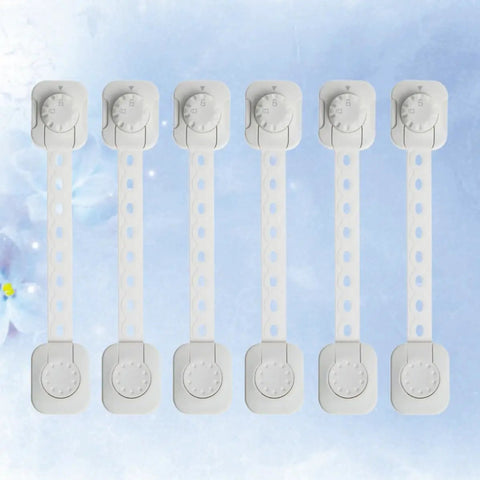 Six Pack Safety Locks For Cabinets And Refrigerator with adjustable length and strong adhesive tape, made of ABS plastic