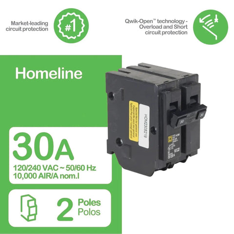 30 Amp Two Pole Surge Circuit Breaker For 120/240V Home Panels, 10kA Interrupting Rating, standard design shown