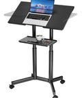 On Wheels Portable Standing Laptop Desk With Height Adjustable Sit Stand 0 To 40 Degree Tilt Rolling Cart With Storage Tray