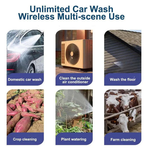 Image displaying six uses of Portable Cordless Pressure Washer With 30 Bar High Pressure Water Spray Gun And 48V Battery.
