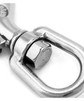 Heavy Duty 304 Stainless Steel Swivel Lifting Hook With Three Sixty Degree Spin Rust Proof Cargo Rigging Round Eye and Rock Solid Point close-up view.