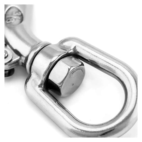 Heavy Duty 304 Stainless Steel Swivel Lifting Hook With Three Sixty Degree Spin Rust Proof Cargo Rigging Round Eye and Rock Solid Point close-up view.