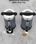 Top view of two Sturdy 80-Cup Commercial Coffee Urns with drip trays, showing clean and spilled coffee scenarios on a countertop.