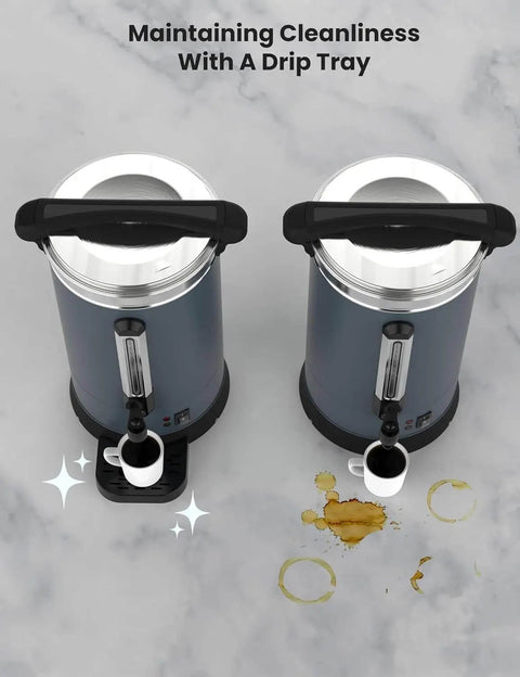 Top view of two Sturdy 80-Cup Commercial Coffee Urns with drip trays, showing clean and spilled coffee scenarios on a countertop.