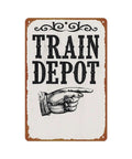 Train Depot Aluminum Wall Decor 12x8 Inch, classic design with hand pointing, railroad station themed wall art for collectors.