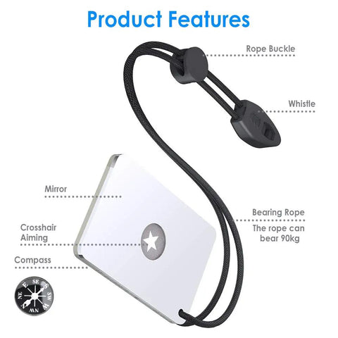 Military Grade Signal Mirror Survival Tool With Small Compass And Whistle Grab And Go 3x2 Inch Reflector shown with rope.
