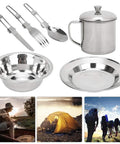 Solo Camping Stainless Steel Outdoor Tableware Set With Rustproof Mess Kit and Storage Bag shown with utensils and cookware