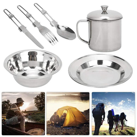 Portable Stainless Steel Outdoor Tableware Set For Camping Picnics And Hiking Single Person Cookware Mess Kit With Storage Bag
