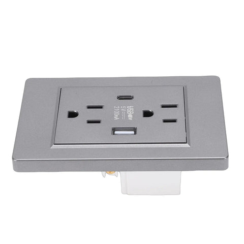 Top Shelf Grey 15 Amp Electrical Wall Outlet With Dual USB Charging Ports And Wall Plate Plug And Play Design For Rock Solid Residential Or Commercial Flush Mount Install, showcasing the grey socket.