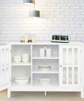 Forty Three Inch Solid Wood Kitchen Credenza Sideboard Buffet Cabinet With Sleek Metal Knobs, open showing dinnerware inside.