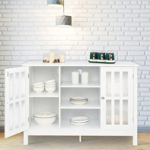 Forty Three Inch Solid Wood Kitchen Credenza Sideboard Buffet Cabinet With Sleek Metal Knobs, open showing dinnerware inside.