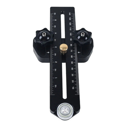 Rock Solid Aluminum Thin Rip Jig For Precision Woodworking Projects with measurements and adjustable knobs for accuracy.