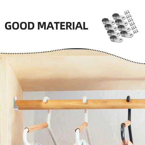 Beefy Heavy Duty Zinc Alloy Closet Rod End Support Bracket For Clothes Hanging Bar, Silver, shown in use with wooden rod and hangers