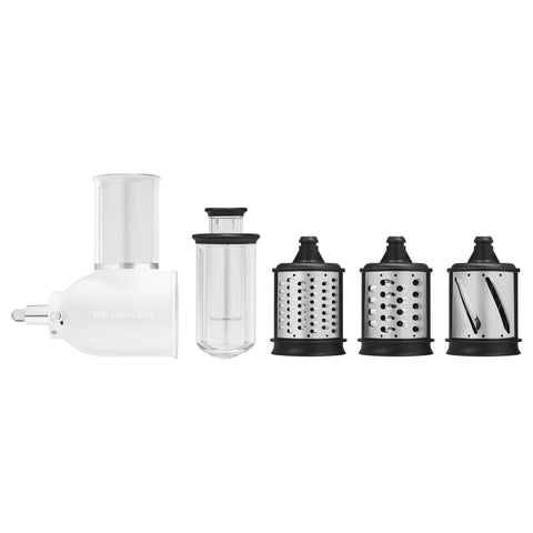 Fresh Prep Slicer Shredder Stand Mixer Attachment For Quick Slicing Grating And Shredding Turns Your Stand Mixer Into A Boss Helper Durable Stainless Steel Components Fits Most Mixers; white accessory with blades