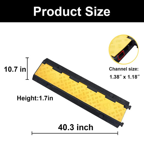 2 Pack 3 Channel Rubber Cable Ramp Protector For Indoor Outdoor Use dimensions illustration with 40.3 x 10.7 x 1.7 inches