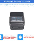 OBD II Bluetooth Scanner With BLE For iOS And Android, compact plug-n-play diagnostic tool with compatibility details