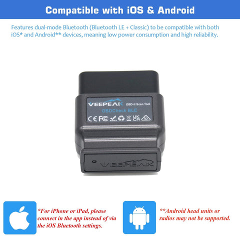 OBD II Bluetooth Scanner With BLE For iOS And Android, compact plug-n-play diagnostic tool with compatibility details
