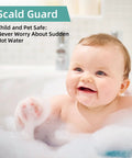 Teal Scald Guard banner above a smiling baby in a bubbly bathtub.