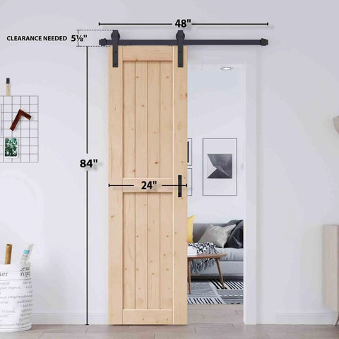Top Notch Solid Spruce Sliding Barn Door 24 X 84 Inches Interior Wood Panel Slab with dimensions on display.