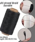 Heavy Duty Waxed Upholstery Thread Kit With 273 Yards, black multi-strand thread shown close-up for leather repair.