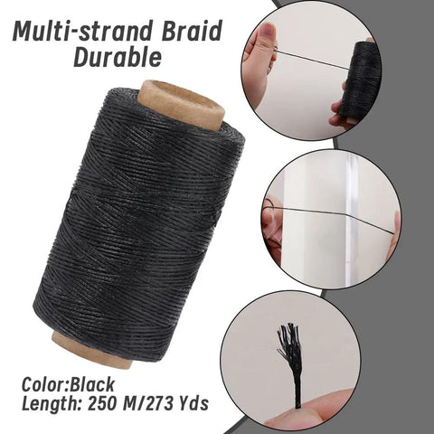 Heavy Duty Waxed Upholstery Thread Kit With 273 Yards, black multi-strand thread shown close-up for leather repair.