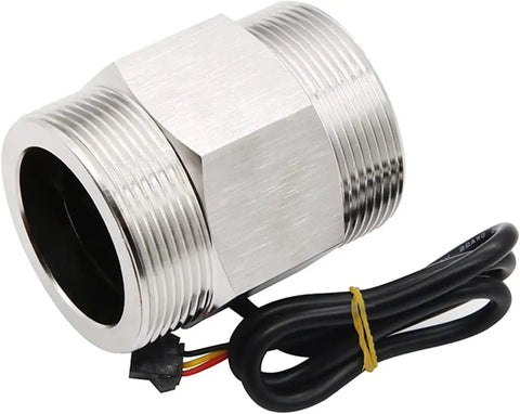 One And A Half Inch DC 5 To 18 Volt Water Flow Sensor In Stainless Steel With Liquid Switch Micro Switch For Industrial Applications Built Tough Stainless Steel Construction For Long Life And Accurate Flow Readings In Auto And Industrial Setups, threaded view