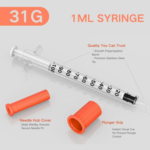 1 Ml Disposable Syringe With 31G Five Sixteenth Inch Needle Eight Millimeter, 30 Pack Individually Wrapped, Pro Grade Lab Syringe For Precise Dose Calibration And Safe Medical Use, 1 mL 31G syringe barrel with plunger grip and needle cover