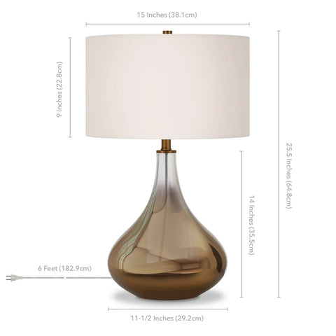 25.5 Inch Tall Table Lamp With White Fabric Shade And Smoked Chrome Glass Base, Sleek Modern Accent Light For Living Room Or Bedroom